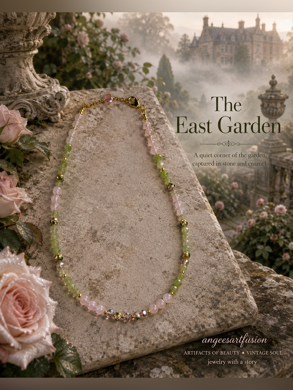 “The East Garden”- Rose Quartz Peridot Cloisonné Necklace 18”